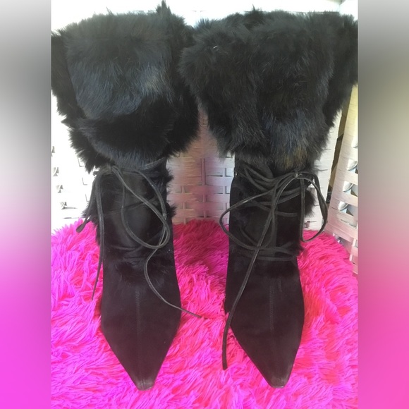 💝See New Listing💝 Enzo Angiolini Black Lace up Leather Boots Fur 9 1/2 M  GUC - Picture 2 of 13
